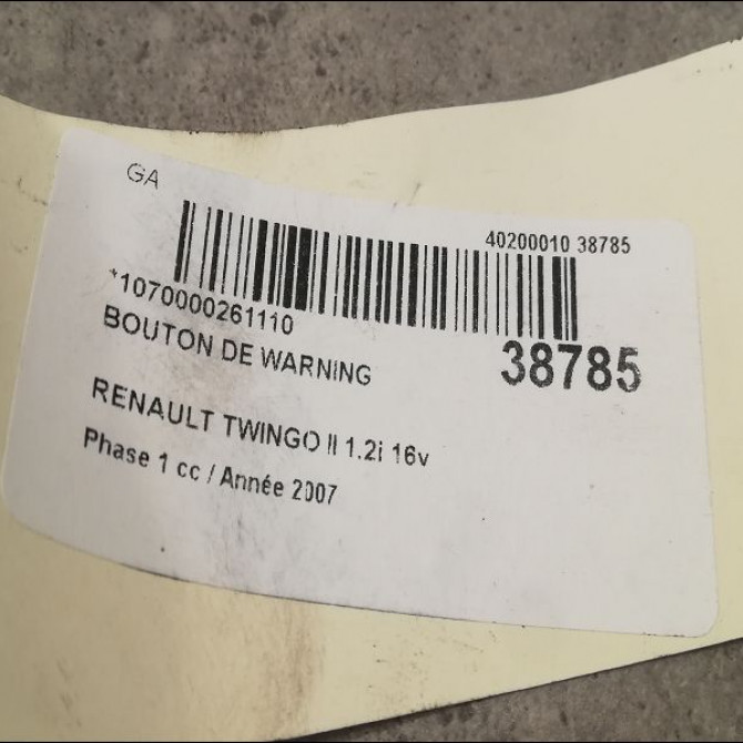 Bouton de warning occasion RENAULT TWINGO II Phase 1 06-2007->11-2011 1.2i 16v 75ch 252100991R 2