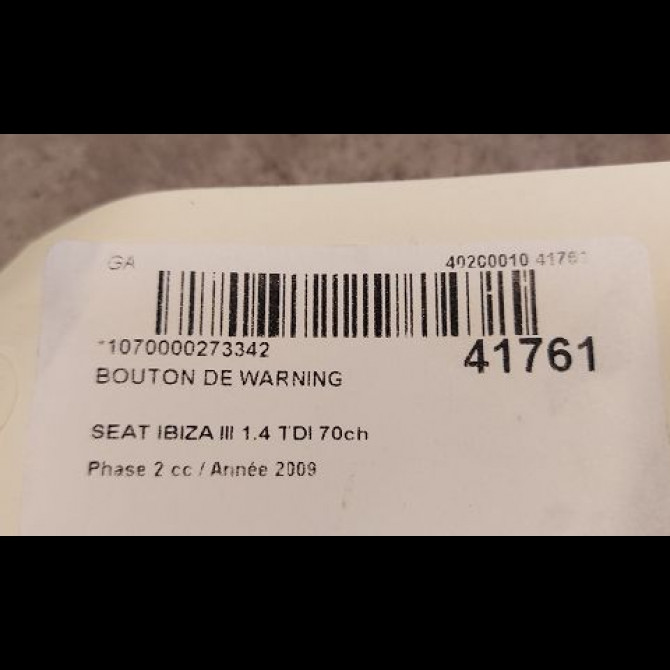 Bouton de warning occasion SEAT IBIZA III Phase 2 03-2006->06-2009 1.4 TDI 70ch 6L1953235A300 2