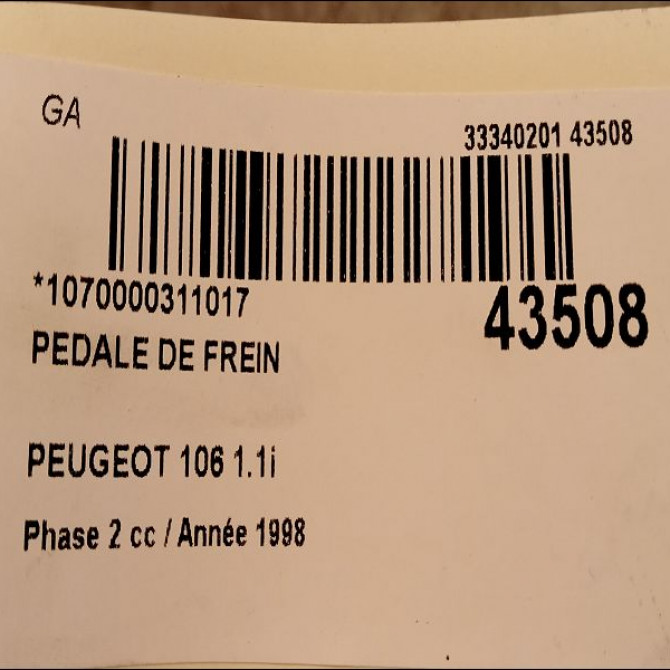 Pedale de frein occasion PEUGEOT 106 Phase 2 04-1996->09-2003 1.1i 4501A9 2