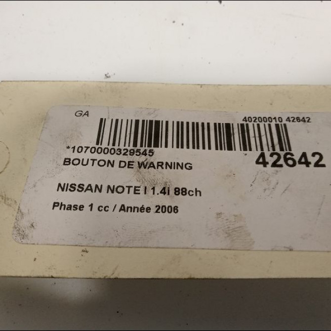 Bouton de warning occasion NISSAN NOTE I Phase 1 03-2006->03-2009 1.4i 88ch 252901U600 3