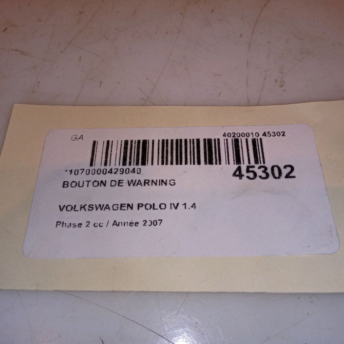 Bouton de warning occasion VOLKSWAGEN POLO IV Phase 2 05-2005->09-2009 1.4 TDI 70ch 6Q0953235A9B9 4