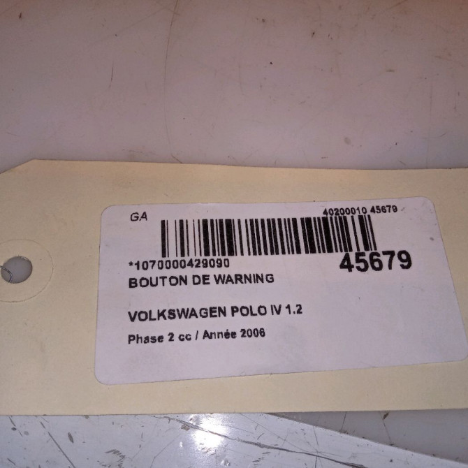 Bouton de warning occasion VOLKSWAGEN POLO IV Phase 2 05-2005->09-2009 1.2 65ch 6Q0953235A9B9 4
