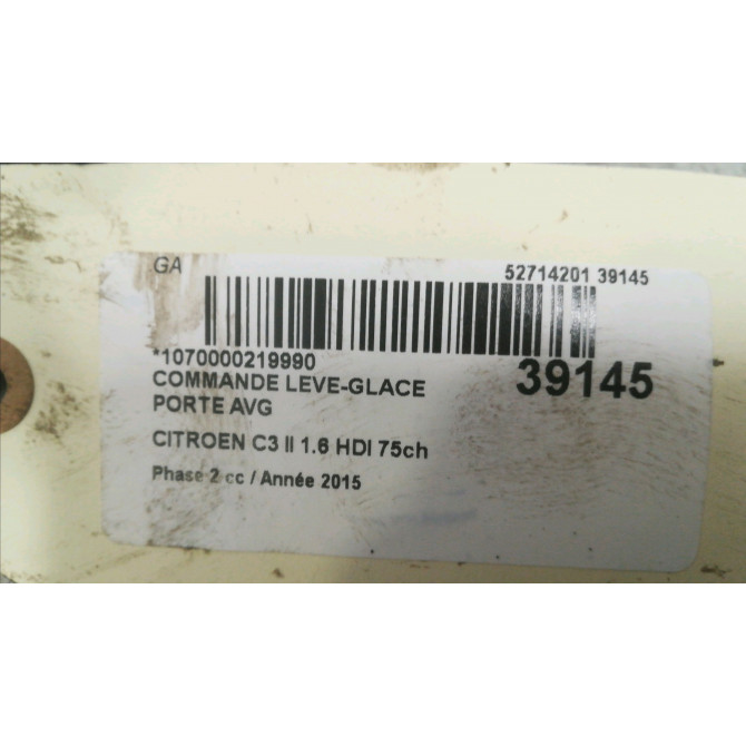 Commande lève-glace porte avant gauche occasion CITROEN C3 II Phase 2 03-2013->12-2016 1.6 HDI 75ch 98012283XT 3