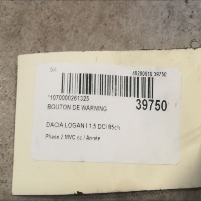 Bouton de warning occasion DACIA LOGAN I Phase 2 MVC 10-2008->01-2013 1.5 DCI 85ch 252909503R 2