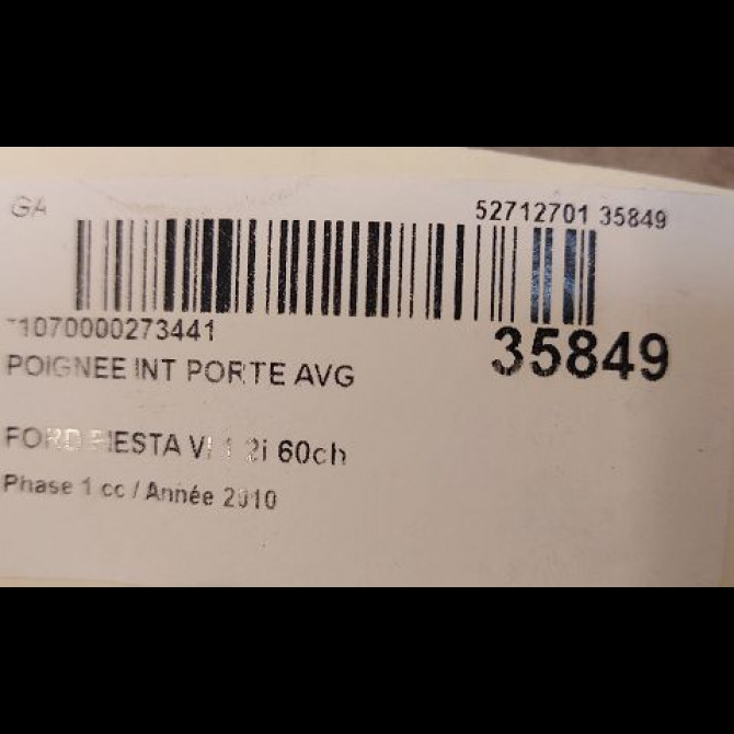 Poignee int porte avg occasion FORD FIESTA VI Phase 1 10-2008->11-2012 1.2i 60ch Ambiente 1686126 2