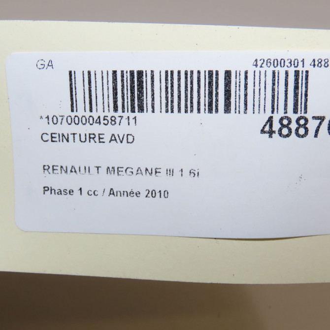 Ceinture avant droite occasion RENAULT MEGANE III Phase 1 11-2008->01-2012 1.6i 16v 110ch 868843492R 3