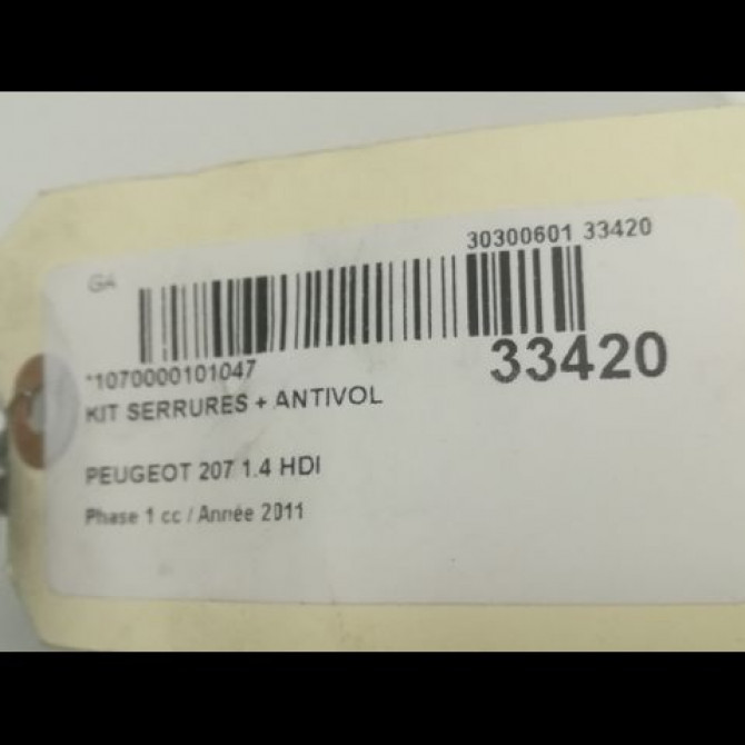Kit serrures + antivol occasion PEUGEOT 207 Phase 1 04-2006->06-2013 1.4 HDI 4162NW 4