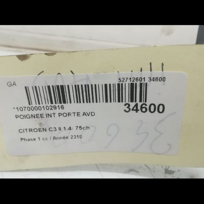 Poignee int porte avd occasion CITROEN C3 II Phase 1 11-2009->02-2013 1.4i 75ch 96834460VV 3