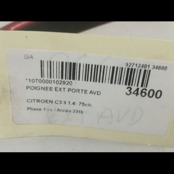Poignee ext porte avd occasion CITROEN C3 II Phase 1 11-2009->02-2013 1.4i 75ch 9101KH 3