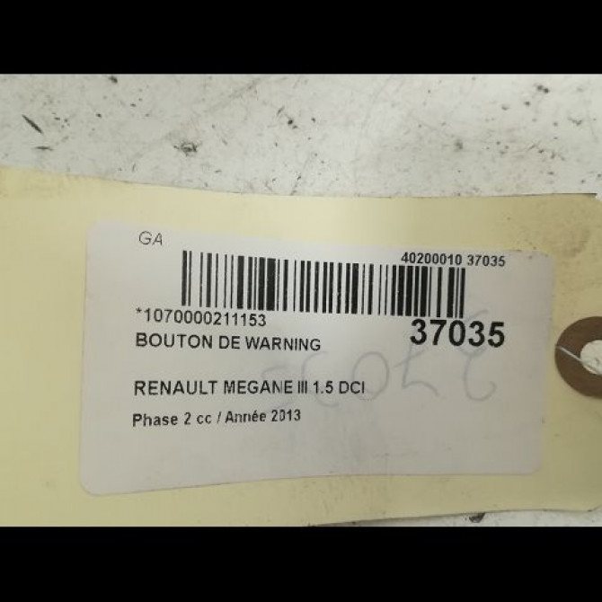 Bouton de warning occasion RENAULT MEGANE III Phase 2 01-2012->06-2014 1.5 DCI 90ch 252100502R 3