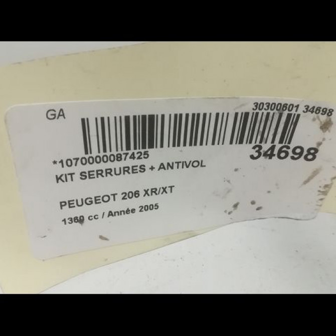 Kit serrures + antivol occasion PEUGEOT 206 Phase 1 09-1998->03-2009 1.4i 4