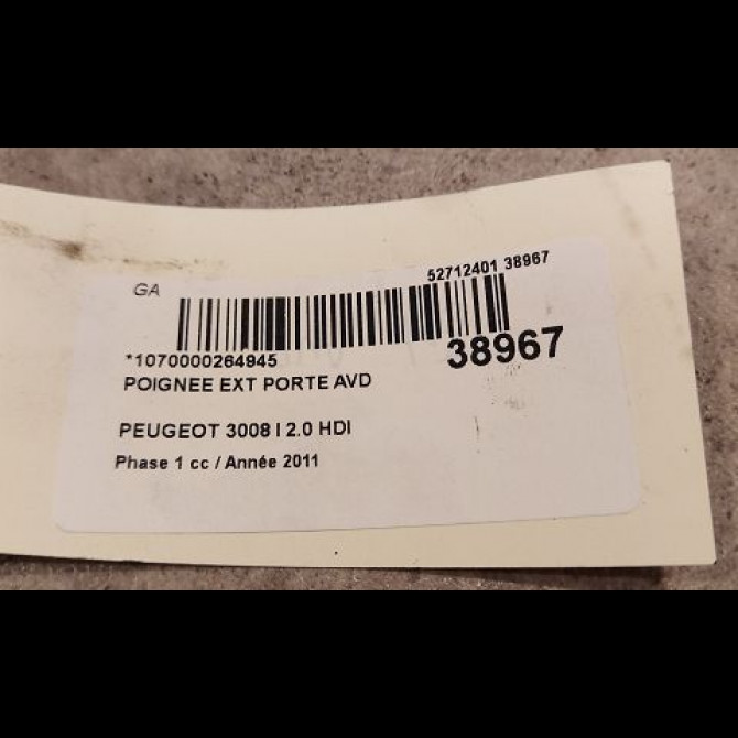 Poignee ext porte avd occasion PEUGEOT 3008 I Phase 1 04-2009->12-2013 2.0 HDI 150ch 9101KH 2