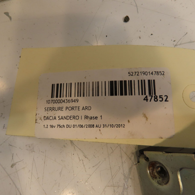 Serrure porte ard occasion DACIA SANDERO I Phase 1 06-2008->10-2012 1.2 16v 75ch 8200735243 4