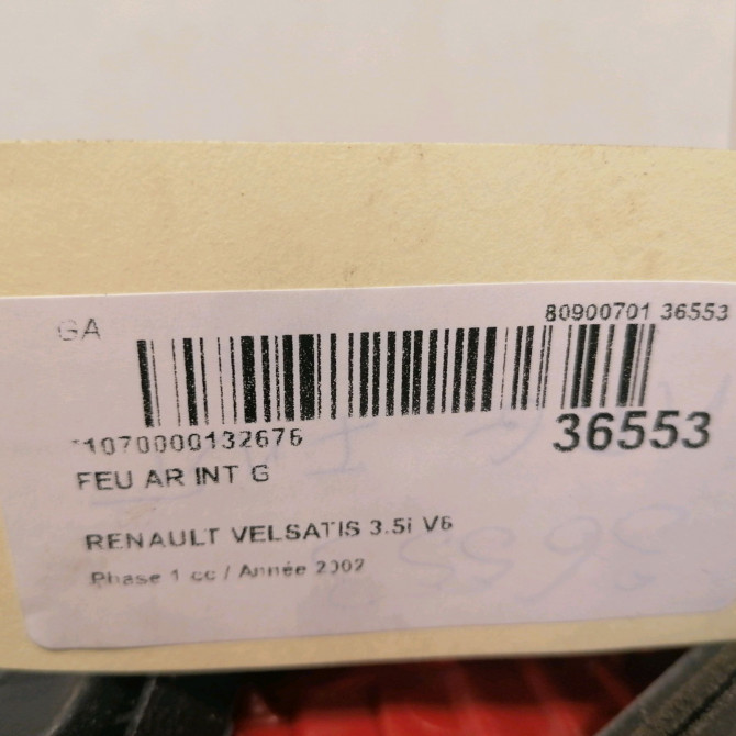 Feu arrière interieur gauche occasion RENAULT VELSATIS Phase 1 01-2002->04-2005 3.5i V6 240ch 5