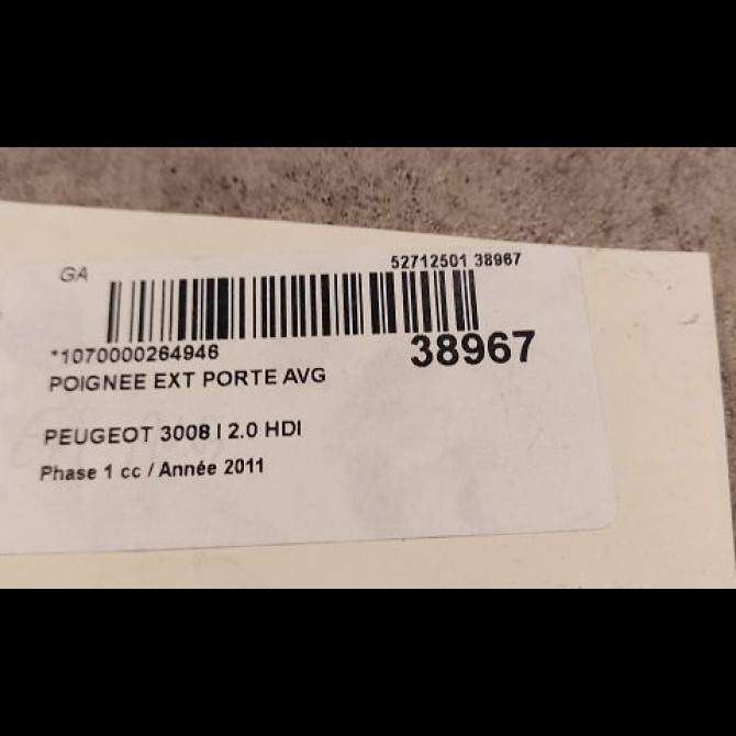 Poignee ext porte avg occasion PEUGEOT 3008 I Phase 1 04-2009->12-2013 2.0 HDI 150ch 9101KJ 2