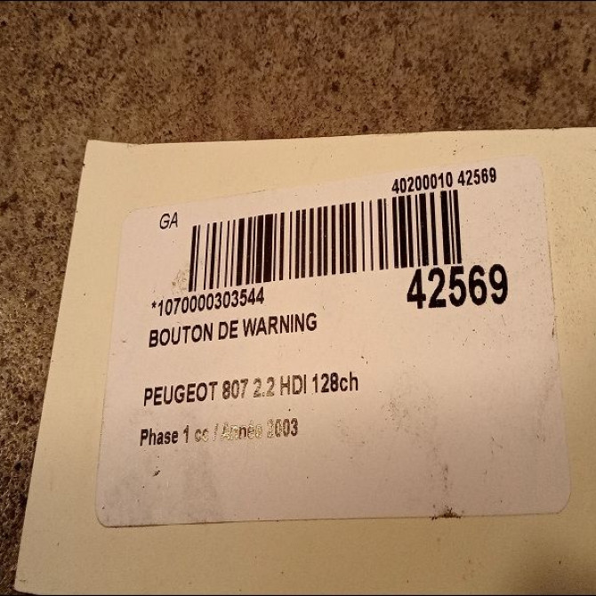 Bouton de warning occasion PEUGEOT 807 Phase 1 06-2002->12-2014 2.2 HDI 128ch 6554J8 3
