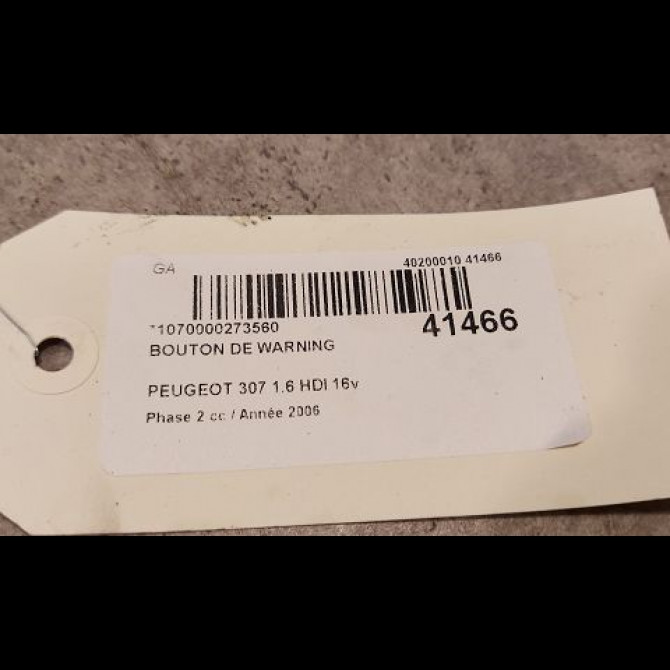 Bouton de warning occasion PEUGEOT 307 Phase 2 06-2005->03-2008 1.6 HDI 16v 110ch 6554J7 2