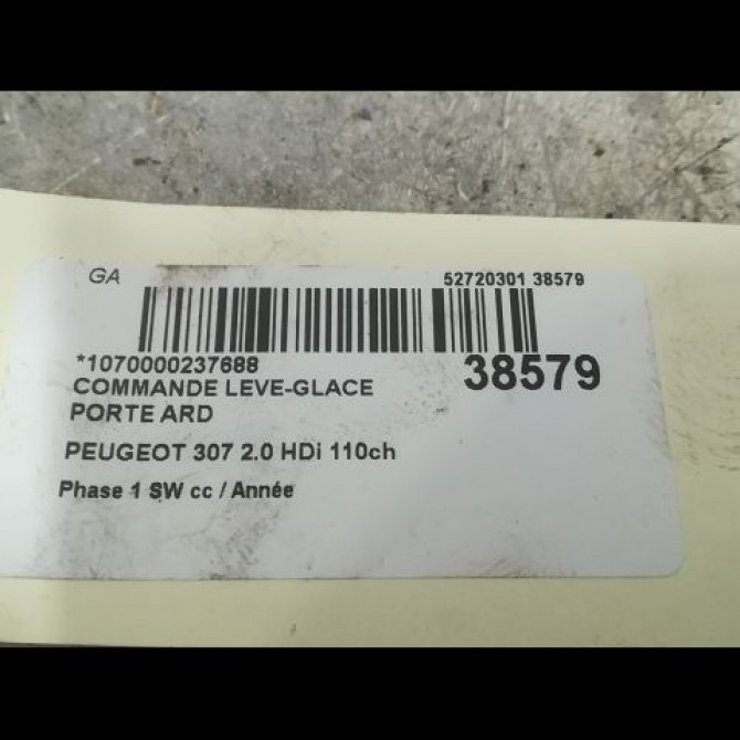 Commande leve-glace porte arrière droite occasion PEUGEOT 307 Phase 1 SW 03-2002->07-2004 2.0 HDi 110ch 6554E8 3