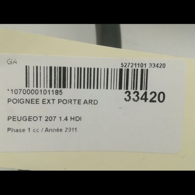 Poignee ext porte ard occasion PEUGEOT 207 Phase 1 04-2006->06-2013 1.4 HDI 9101GH 3