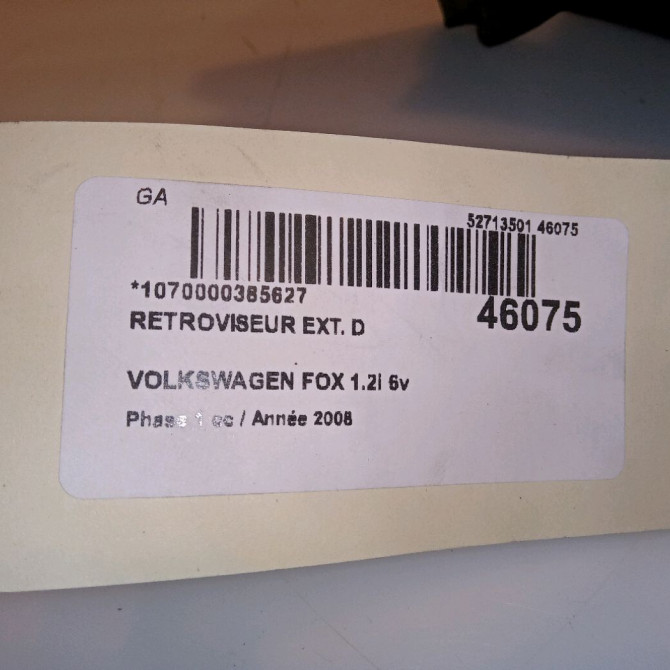 Retroviseur exterieur manuel droit occasion VOLKSWAGEN FOX Phase 1 06-2005->09-2011 1.2i 6v 55ch 5Z0857508D1NN 5