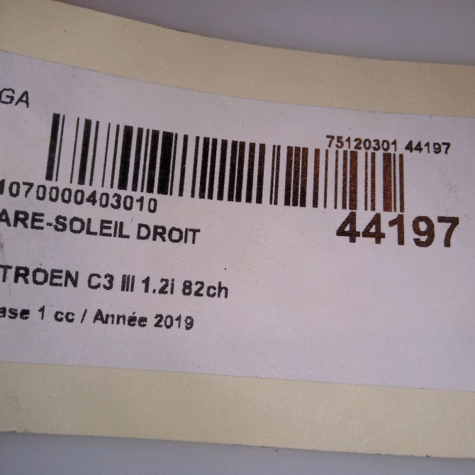 Pare-soleil droit occasion CITROEN C3 III Phase 1 10-2016->... 1.2i 82ch 98100807BJ 4