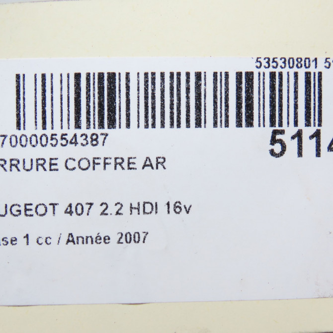 Serrure coffre arrière occasion PEUGEOT 407 Phase 1 04-2004->07-2008 2.2 HDI 16v 6