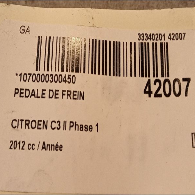 Pedale de frein occasion CITROEN C3 II Phase 1 11-2009->02-2013 4501AT 2