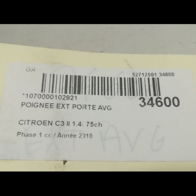 Poignee ext porte avg occasion CITROEN C3 II Phase 1 11-2009->02-2013 1.4i 75ch 9101KJ 3