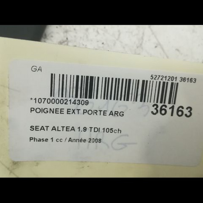 Poignee ext porte arg occasion SEAT ALTEA Phase 1 04-2004->05-2009 1.9 TDI 105ch 3B0837207GGRU 3