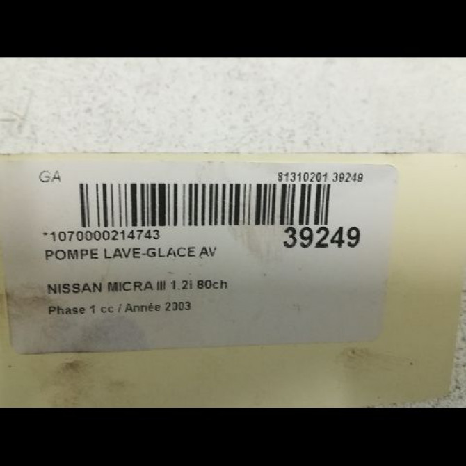 Pompe lave-glace avant occasion NISSAN MICRA III Phase 1 01-2003->07-2005 1.2i 80ch 28920BC10A 2