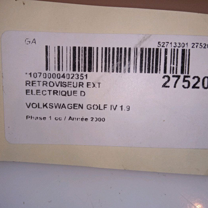 Retroviseur exterieur electrique droit occasion VOLKSWAGEN GOLF IV GOLF IV Phase 1 1998-01-01->2005-06-30 1.9 TDI 90ch 5
