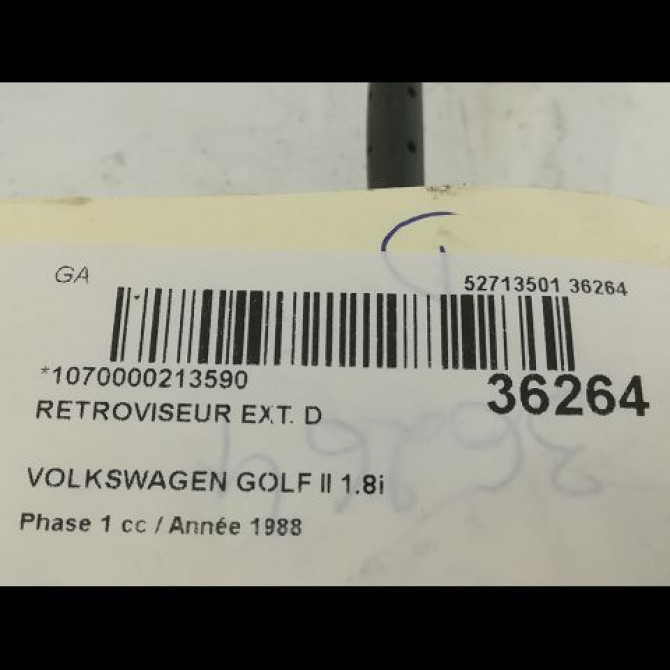 Retroviseur exterieur manuel droit occasion VOLKSWAGEN GOLF II Phase 1 01-1984->06-1992 1.8i 90ch 3