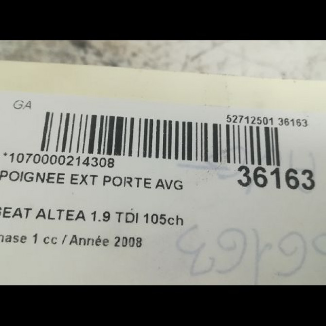 Poignee ext porte avg occasion SEAT ALTEA Phase 1 04-2004->05-2009 1.9 TDI 105ch 3B0837207GGRU 3