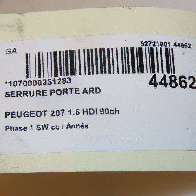 Serrure porte ard occasion PEUGEOT 207 Phase 1 SW 07-2007->03-2013 1.6 HDI 90ch 9138H8 3