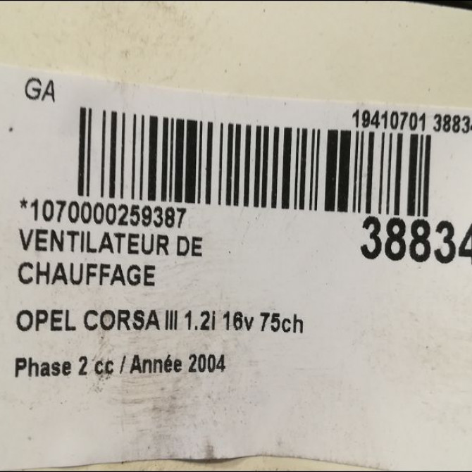 Ventilateur de chauffage occasion OPEL CORSA III Phase 2 08-2003->09-2006 1.2i 16v 75ch 24436989 3