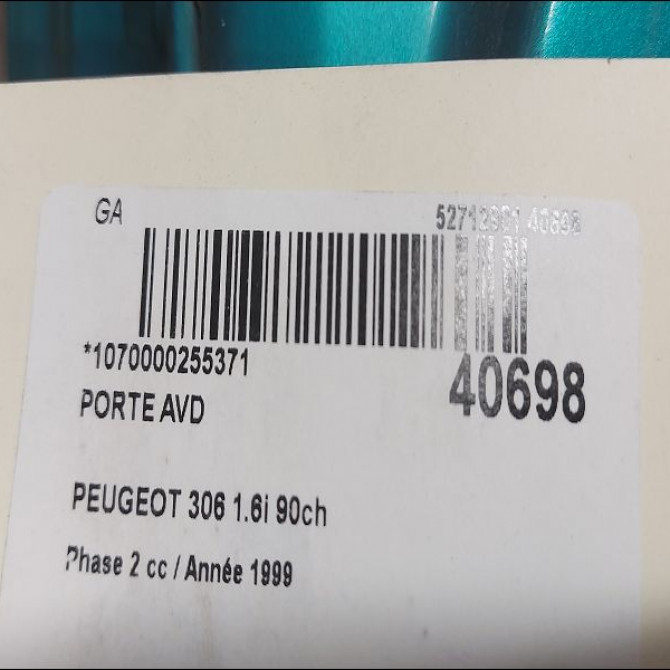 Porte avant droite occasion PEUGEOT 306 Phase 2 04-1997->03-2002 1.6i 90ch 9004L7 3