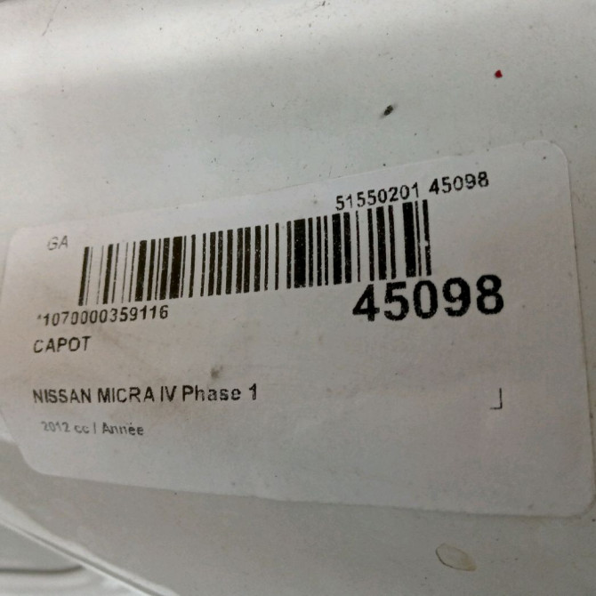 Capot occasion NISSAN MICRA IV Phase 1 11-2010->12-2013 F510M1HBMB 3