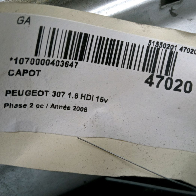 Capot occasion PEUGEOT 307 Phase 2 06-2005->03-2008 1.6 HDI 16v 110ch 7901L9 3