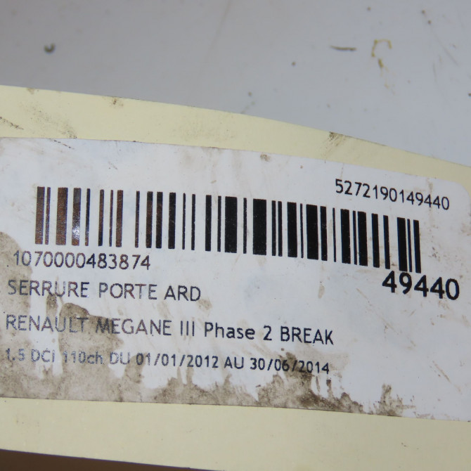 Serrure porte ard occasion RENAULT MEGANE III Phase 1 04-1995->04-1999 1.5 DCI 110ch 825029240R 3