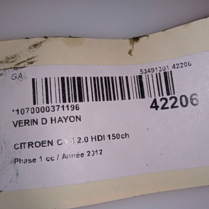 Verin droit hayon occasion CITROEN C4 II Phase 1 10-2010->01-2015 2.0 HDI 150ch 9800717680 3