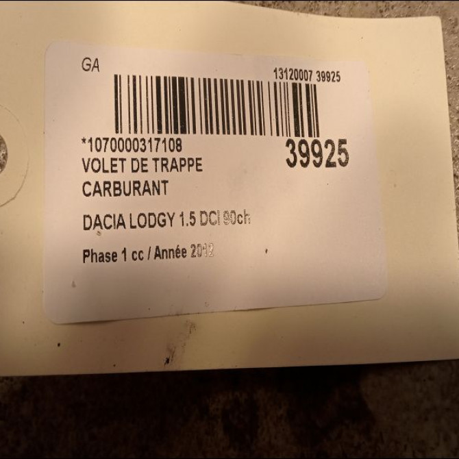 Volet de trappe carburant occasion DACIA LODGY Phase 1 01-2012->... 1.5 DCI 90ch 788306650R 2