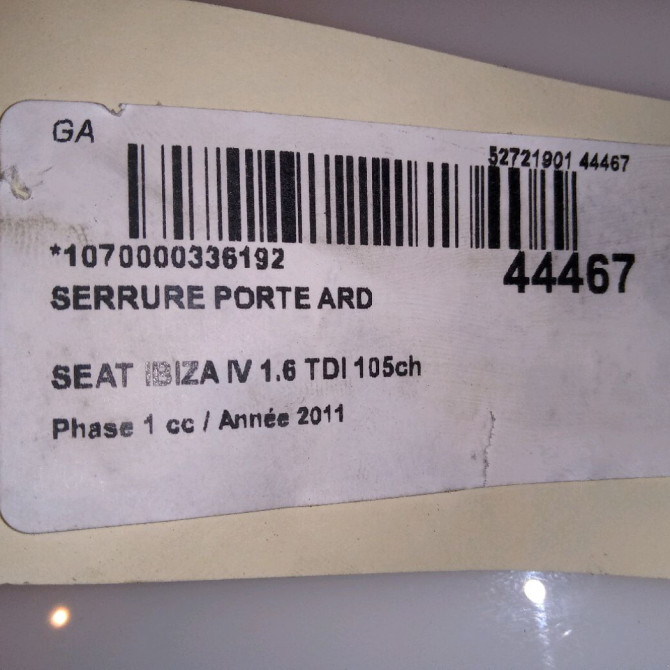 Serrure porte ard occasion SEAT IBIZA IV Phase 1 05-2008->01-2012 1.6 TDI 105ch 6J0839016J 4