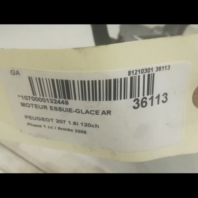 Moteur essuie-glace arrière occasion PEUGEOT 207 Phase 1 04-2006->06-2013 1.6i 120ch 6405AN 4
