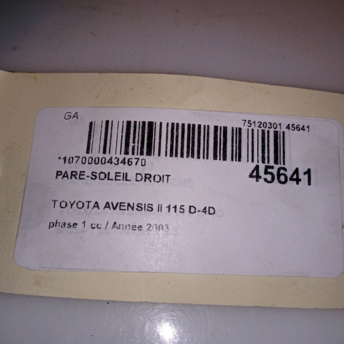 Pare-soleil droit occasion TOYOTA AVENSIS II phase 1 05-2003->08-2006 115 D-4D 7431005161B1 4