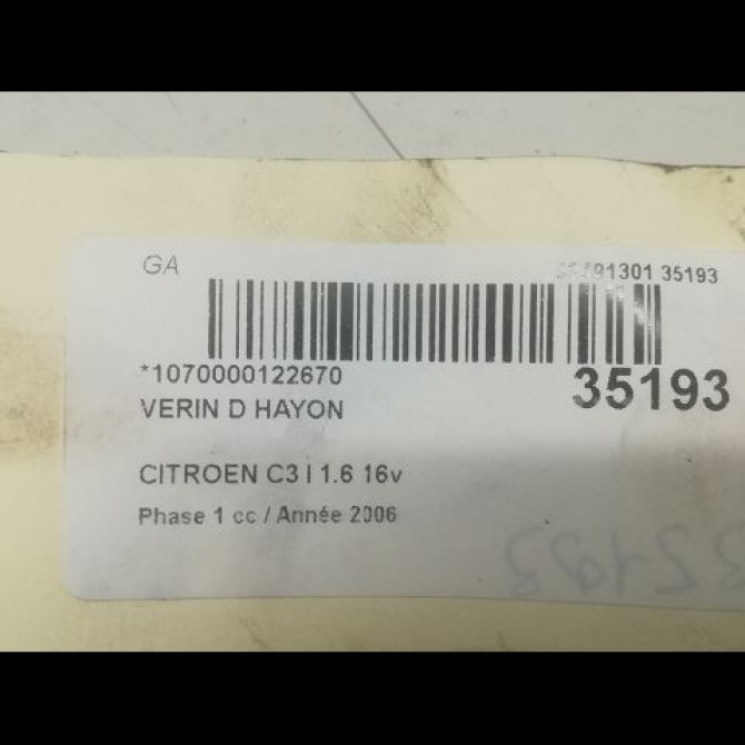 Verin droit hayon occasion CITROEN C3 I Phase 1 04-2002->10-2005 1.6 16v 8731G3 2