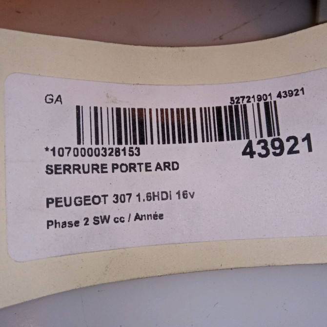 Serrure porte ard occasion PEUGEOT 307 Phase 2 SW 06-2005->07-2008 1.6HDi 16v FAP 110ch 9138G0 5
