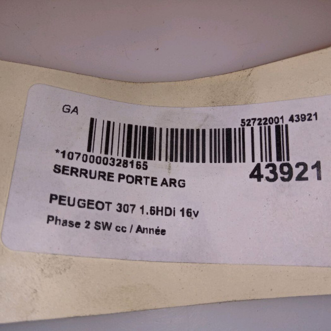 Serrure porte arg occasion PEUGEOT 307 Phase 2 SW 06-2005->07-2008 1.6HDi 16v FAP 110ch 9137E4 5