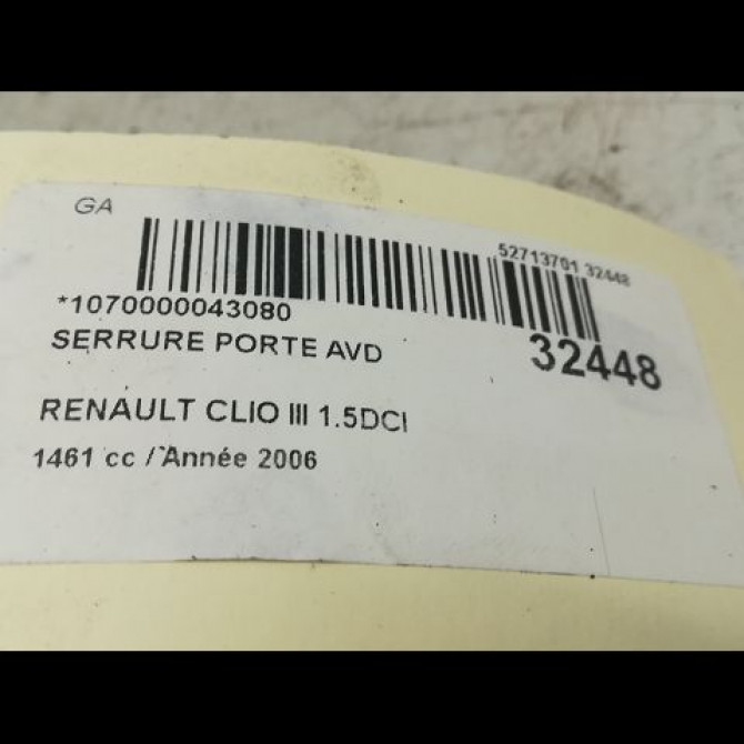 Serrure porte avd occasion RENAULT CLIO III Phase 1 09-2005->03-2009 1.5 DCI 70ch 8200300127 5