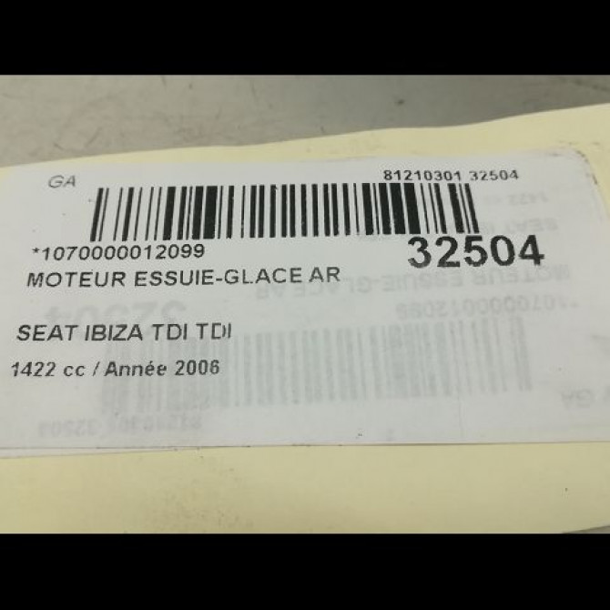 Moteur essuie-glace arrière occasion SEAT IBIZA III Phase 2 03-2006->06-2009 1.4 TDI 80ch 6L6955711D 6