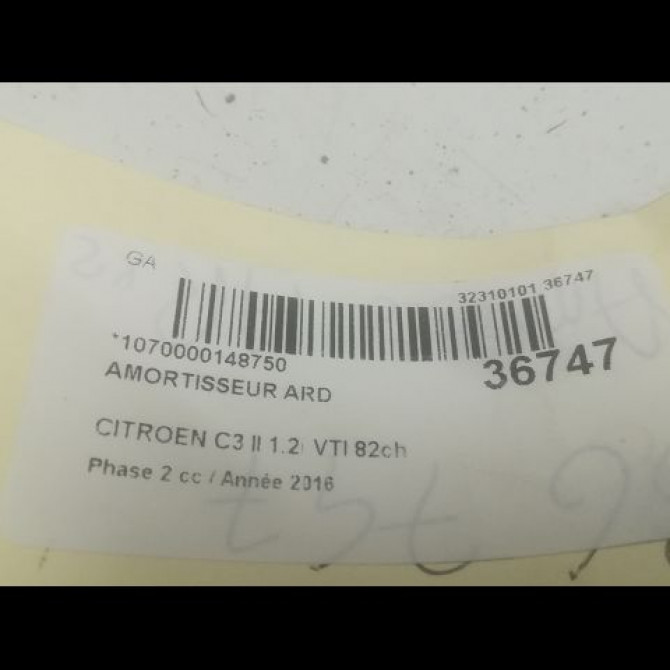 Amortisseur arrière droit occasion CITROEN C3 II Phase 2 03-2013->12-2016 1.2i VTI 82ch 9801739480 2